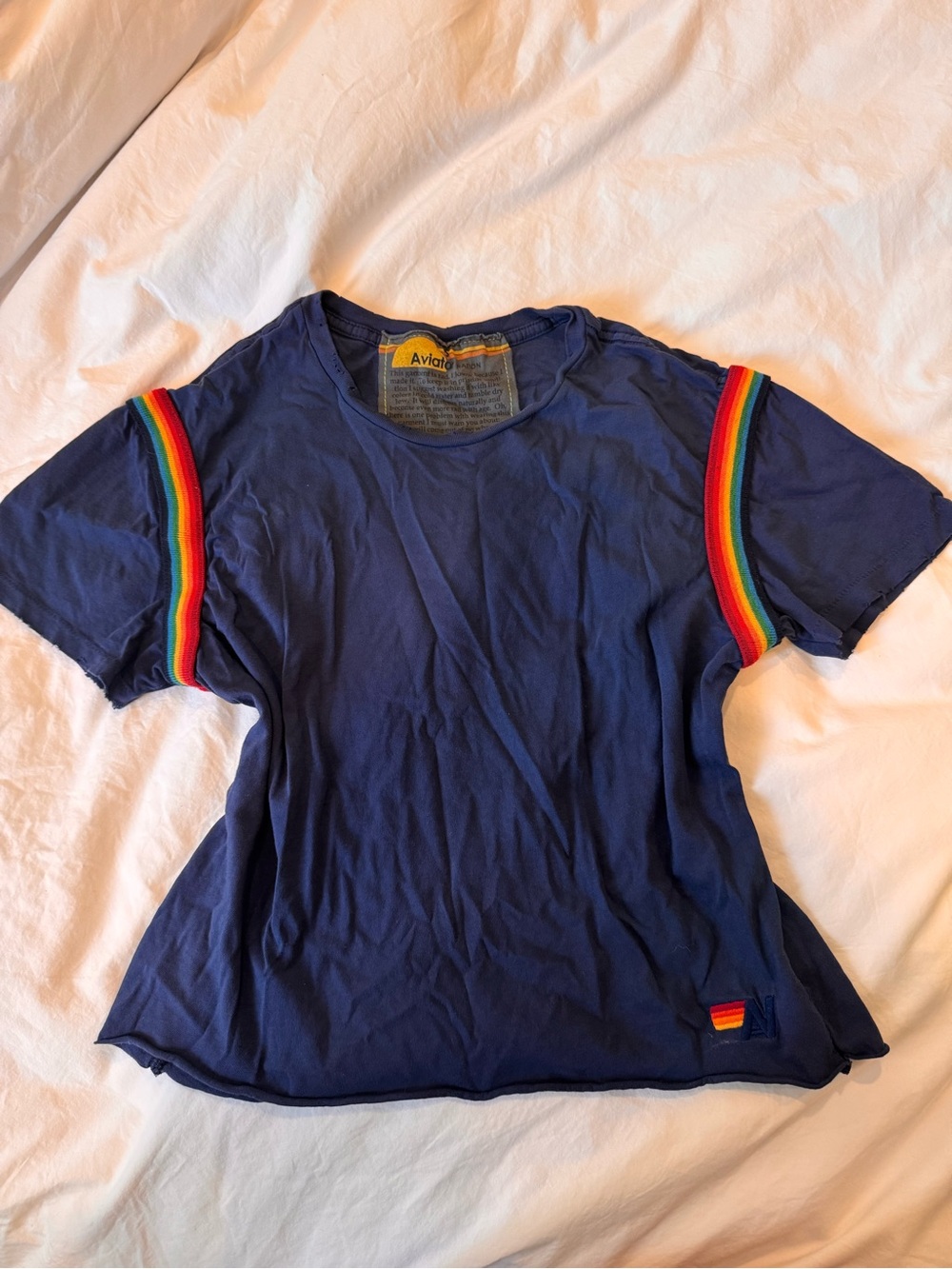 Aviator Nation Navy Short Sleeve Tee with Rainbow Sleeve Stripes